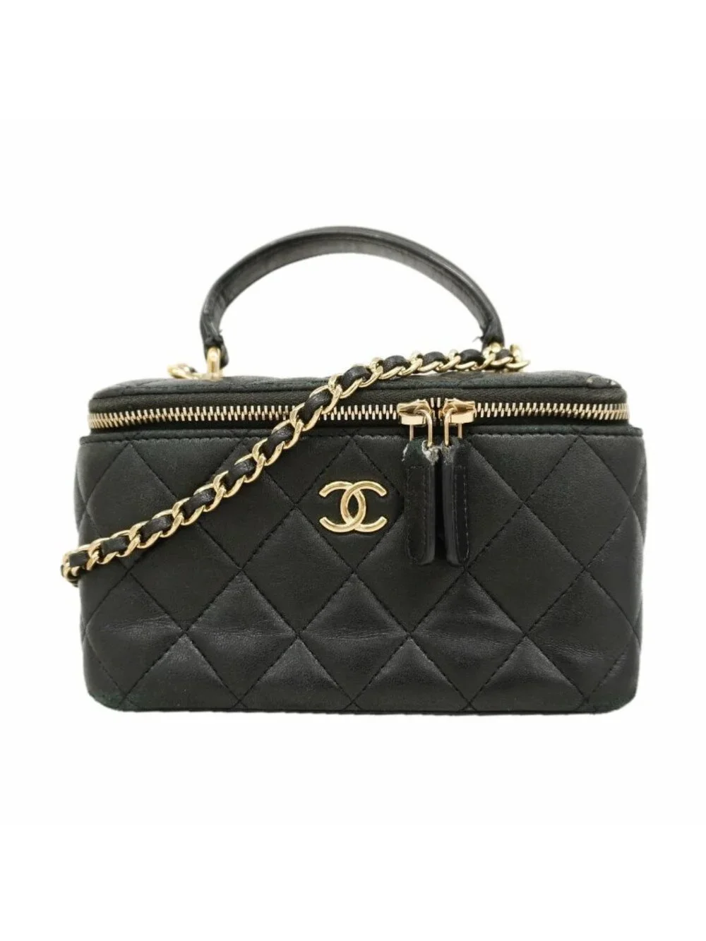 Chanel Vanity Bag Quilted Lambskin Black Champagne Gold